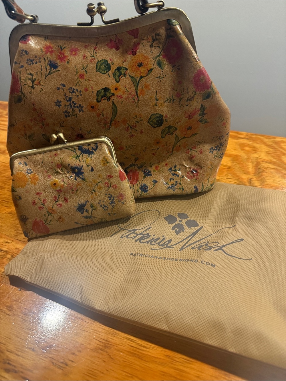 Patricia Nash Tan Floral Frame Satchel with Coin Purse